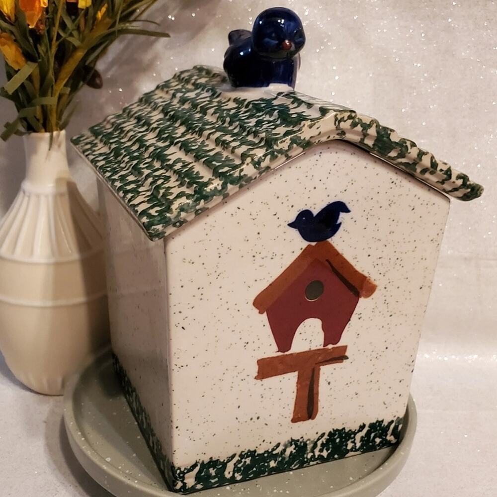 Gibson Bird House Vintage Canister Cookie Jar Folk Art Kitchen Decor